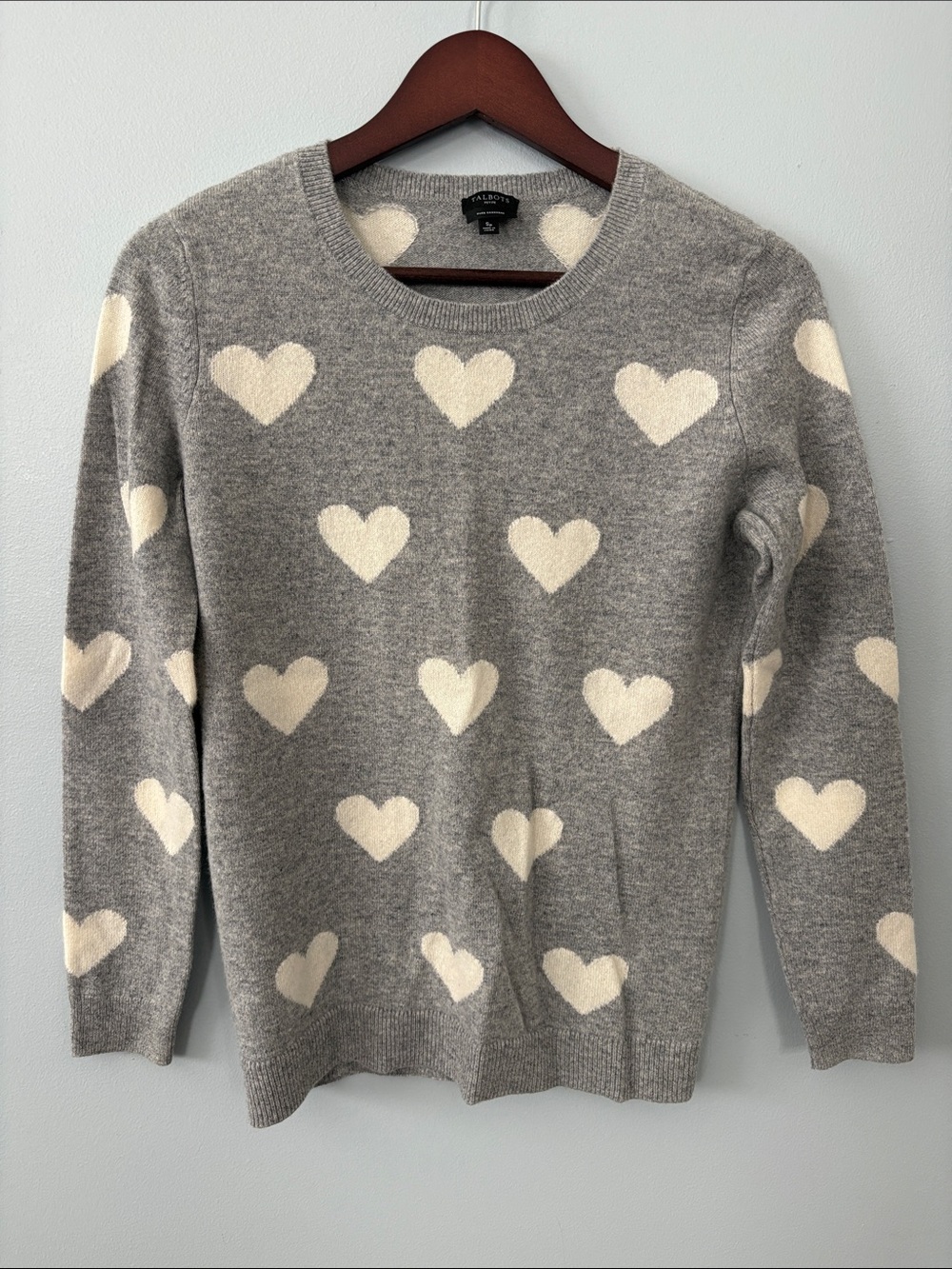 Talbots Gray Cashmere Crewneck Sweater with Cream Heart Pattern
